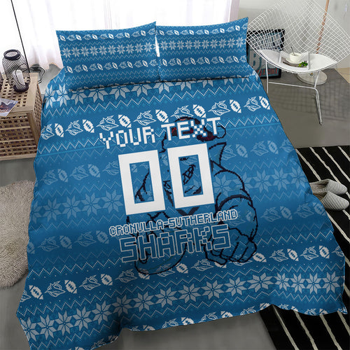 Personalized Cronulla Sharks Christmas Bedding Set Australian Rugby Fans - Pixelated Ugly Xmas Pattern Mascot Santa
