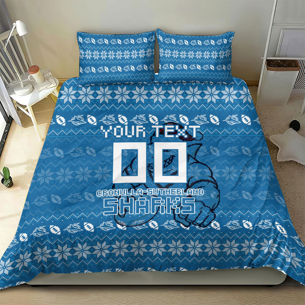 Personalized Cronulla Sharks Christmas Bedding Set Australian Rugby Fans - Pixelated Ugly Xmas Pattern Mascot Santa