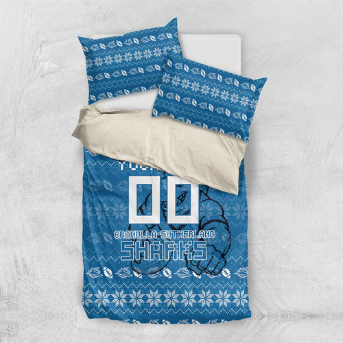 Personalized Cronulla Sharks Christmas Bedding Set Australian Rugby Fans - Pixelated Ugly Xmas Pattern Mascot Santa