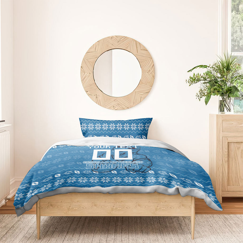 Personalized Cronulla Sharks Christmas Bedding Set Australian Rugby Fans - Pixelated Ugly Xmas Pattern Mascot Santa
