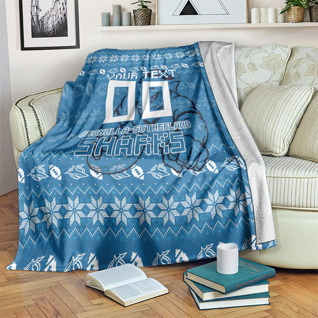 Personalized Cronulla Sharks Christmas Blanket Australian Rugby Fans - Pixelated Ugly Xmas Pattern Mascot Santa