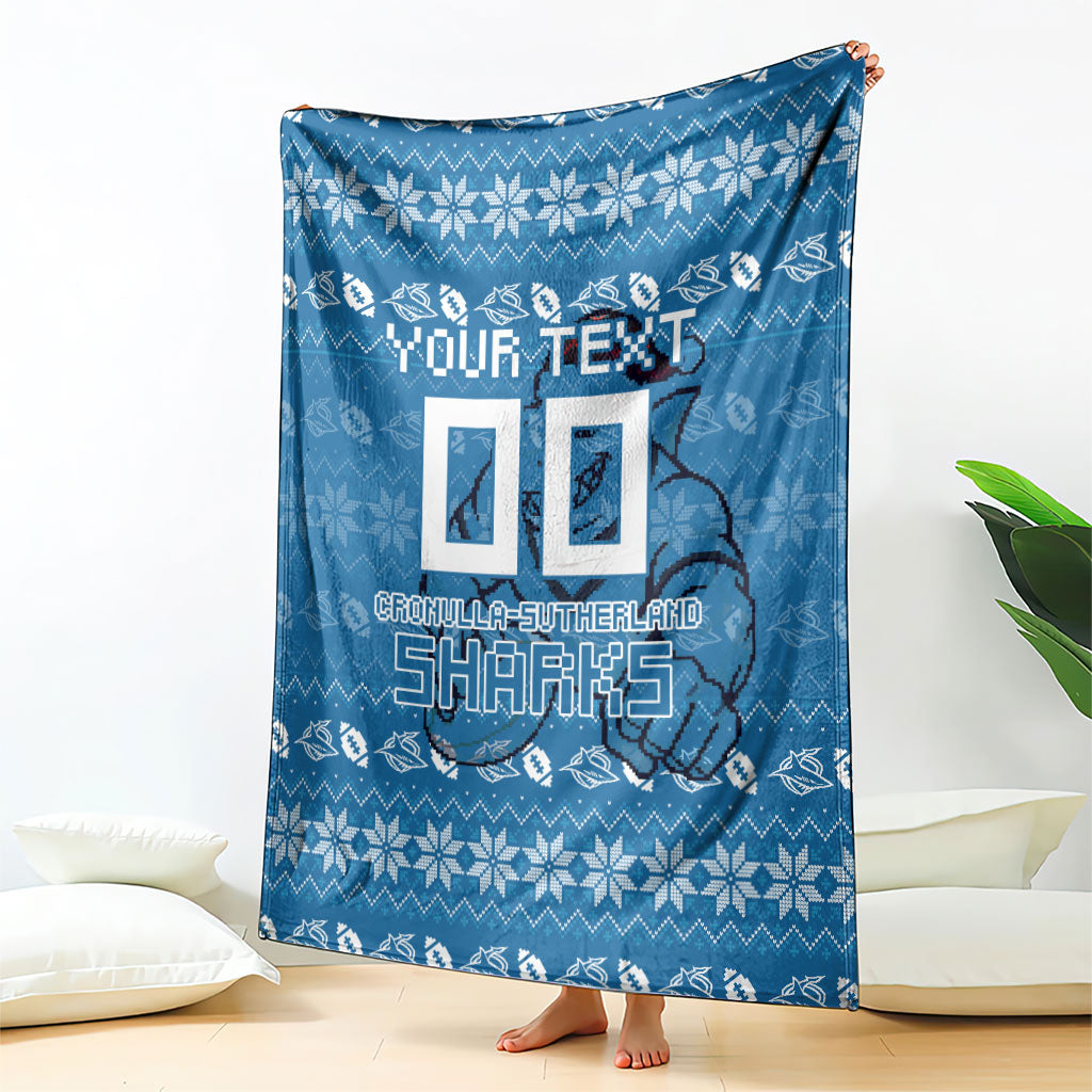 Personalized Cronulla Sharks Christmas Blanket Australian Rugby Fans - Pixelated Ugly Xmas Pattern Mascot Santa