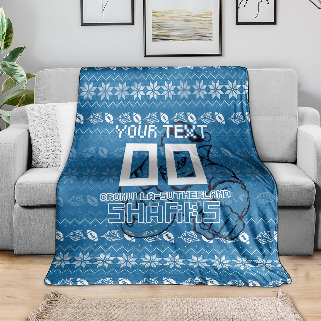 Personalized Cronulla Sharks Christmas Blanket Australian Rugby Fans - Pixelated Ugly Xmas Pattern Mascot Santa