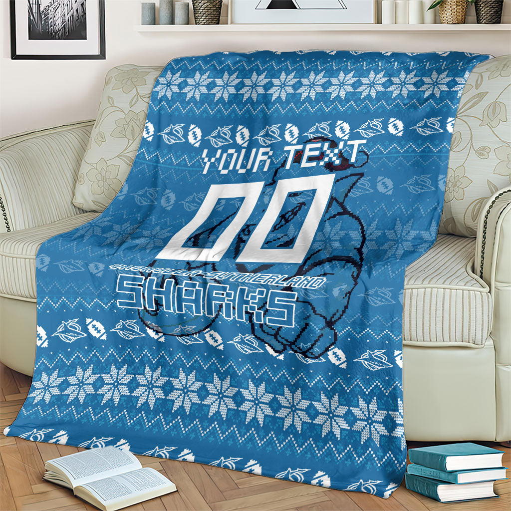 Personalized Cronulla Sharks Christmas Blanket Australian Rugby Fans - Pixelated Ugly Xmas Pattern Mascot Santa