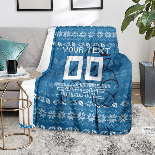 Personalized Cronulla Sharks Christmas Blanket Australian Rugby Fans - Pixelated Ugly Xmas Pattern Mascot Santa