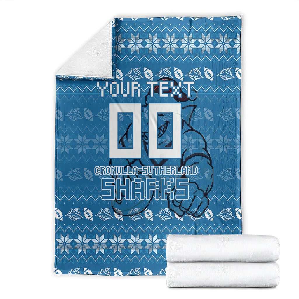 Personalized Cronulla Sharks Christmas Blanket Australian Rugby Fans - Pixelated Ugly Xmas Pattern Mascot Santa