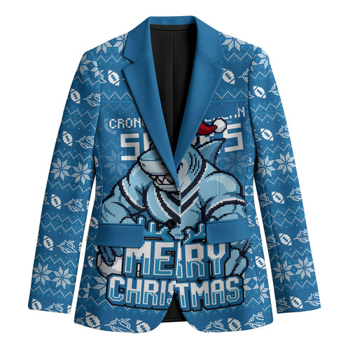 Personalized Cronulla Sharks Christmas Blazer Australian Rugby Fans - Pixelated Ugly Xmas Pattern Mascot Santa