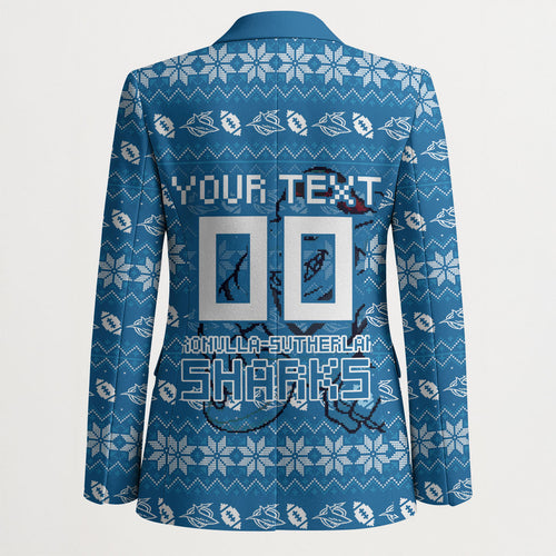 Personalized Cronulla Sharks Christmas Blazer Australian Rugby Fans - Pixelated Ugly Xmas Pattern Mascot Santa