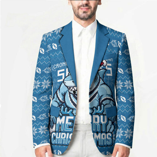 Personalized Cronulla Sharks Christmas Blazer Australian Rugby Fans - Pixelated Ugly Xmas Pattern Mascot Santa
