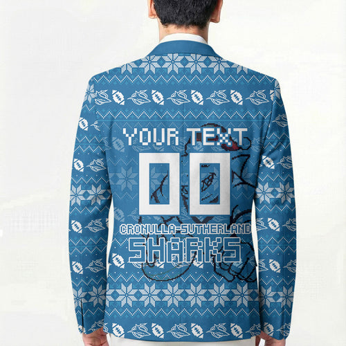 Personalized Cronulla Sharks Christmas Blazer Australian Rugby Fans - Pixelated Ugly Xmas Pattern Mascot Santa