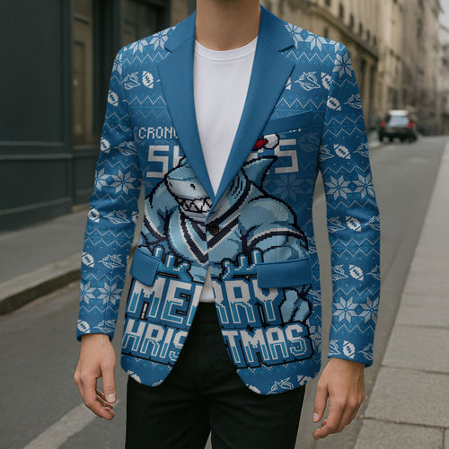 Personalized Cronulla Sharks Christmas Blazer Australian Rugby Fans - Pixelated Ugly Xmas Pattern Mascot Santa