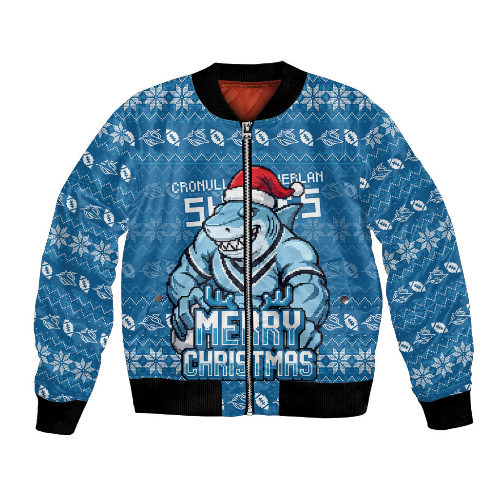 Personalized Cronulla Sharks Christmas Bomber Jacket Australian Rugby Fans - Pixelated Ugly Xmas Pattern Mascot Santa
