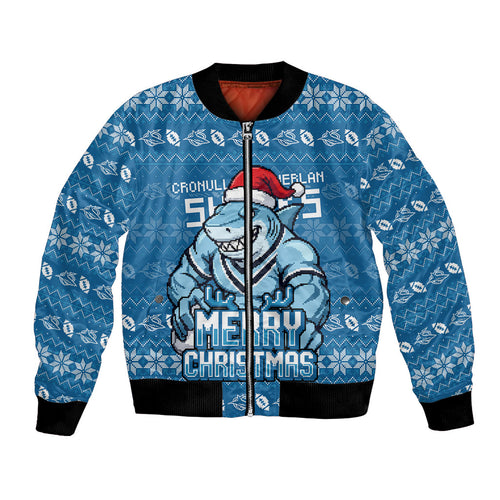 Personalized Cronulla Sharks Christmas Bomber Jacket Australian Rugby Fans - Pixelated Ugly Xmas Pattern Mascot Santa