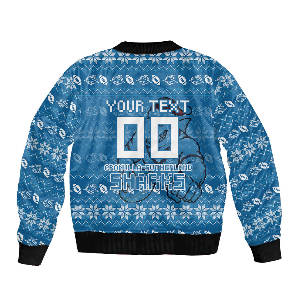 Personalized Cronulla Sharks Christmas Bomber Jacket Australian Rugby Fans - Pixelated Ugly Xmas Pattern Mascot Santa