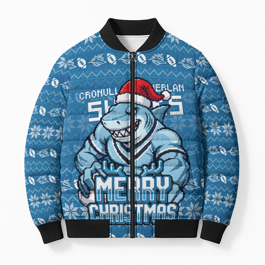 Personalized Cronulla Sharks Christmas Bomber Puffer Jacket Australian Rugby Fans - Pixelated Ugly Xmas Pattern Mascot Santa