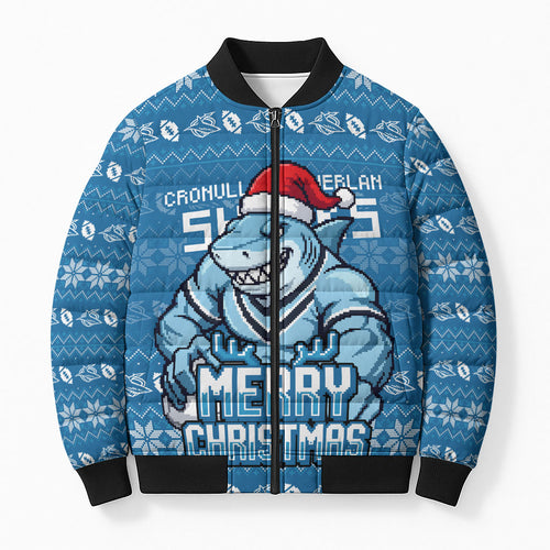 Personalized Cronulla Sharks Christmas Bomber Puffer Jacket Australian Rugby Fans - Pixelated Ugly Xmas Pattern Mascot Santa