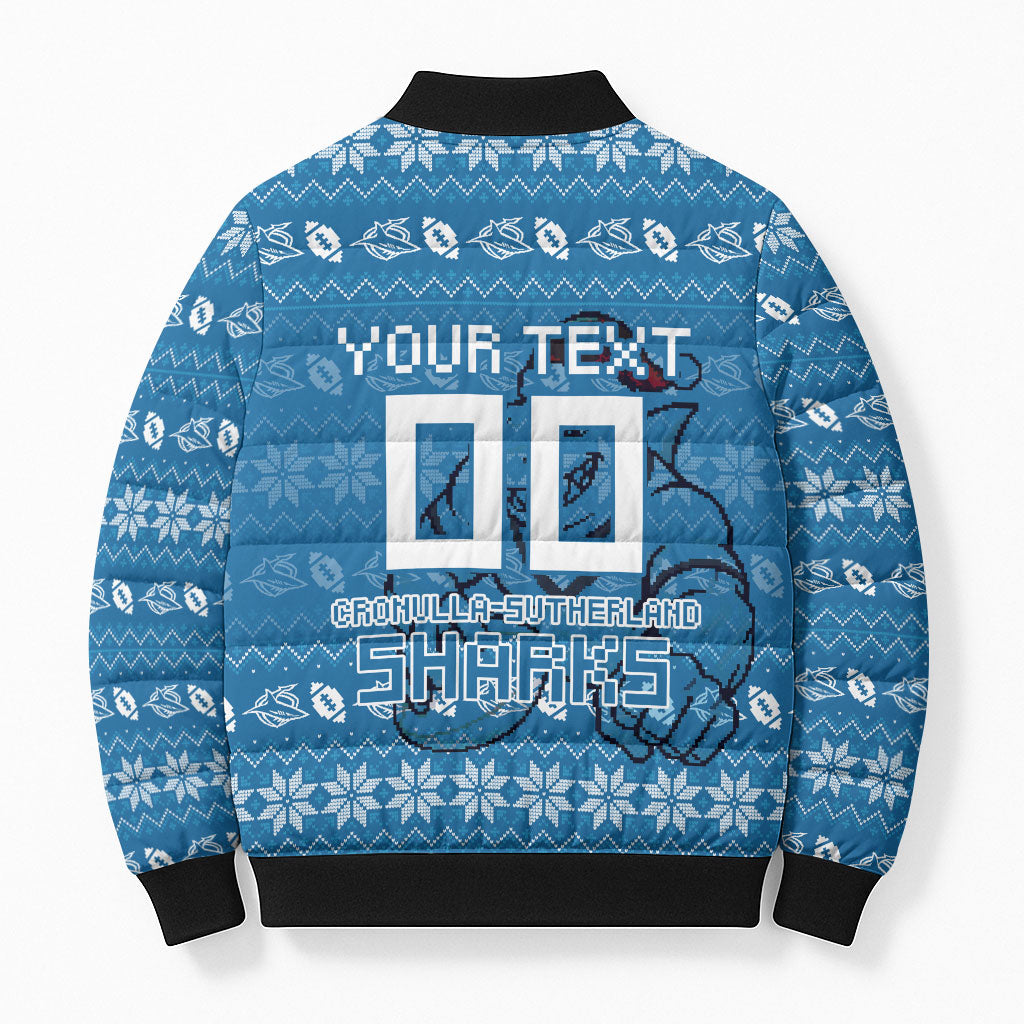 Personalized Cronulla Sharks Christmas Bomber Puffer Jacket Australian Rugby Fans - Pixelated Ugly Xmas Pattern Mascot Santa
