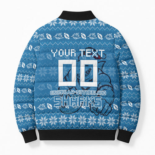 Personalized Cronulla Sharks Christmas Bomber Puffer Jacket Australian Rugby Fans - Pixelated Ugly Xmas Pattern Mascot Santa
