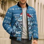 Personalized Cronulla Sharks Christmas Bomber Puffer Jacket Australian Rugby Fans - Pixelated Ugly Xmas Pattern Mascot Santa