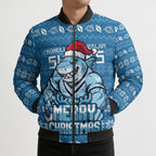 Personalized Cronulla Sharks Christmas Bomber Puffer Jacket Australian Rugby Fans - Pixelated Ugly Xmas Pattern Mascot Santa
