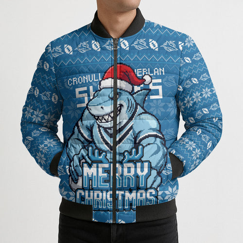 Personalized Cronulla Sharks Christmas Bomber Puffer Jacket Australian Rugby Fans - Pixelated Ugly Xmas Pattern Mascot Santa