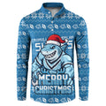 Personalized Cronulla Sharks Christmas Button Sweatshirt Australian Rugby Fans - Pixelated Ugly Xmas Pattern Mascot Santa