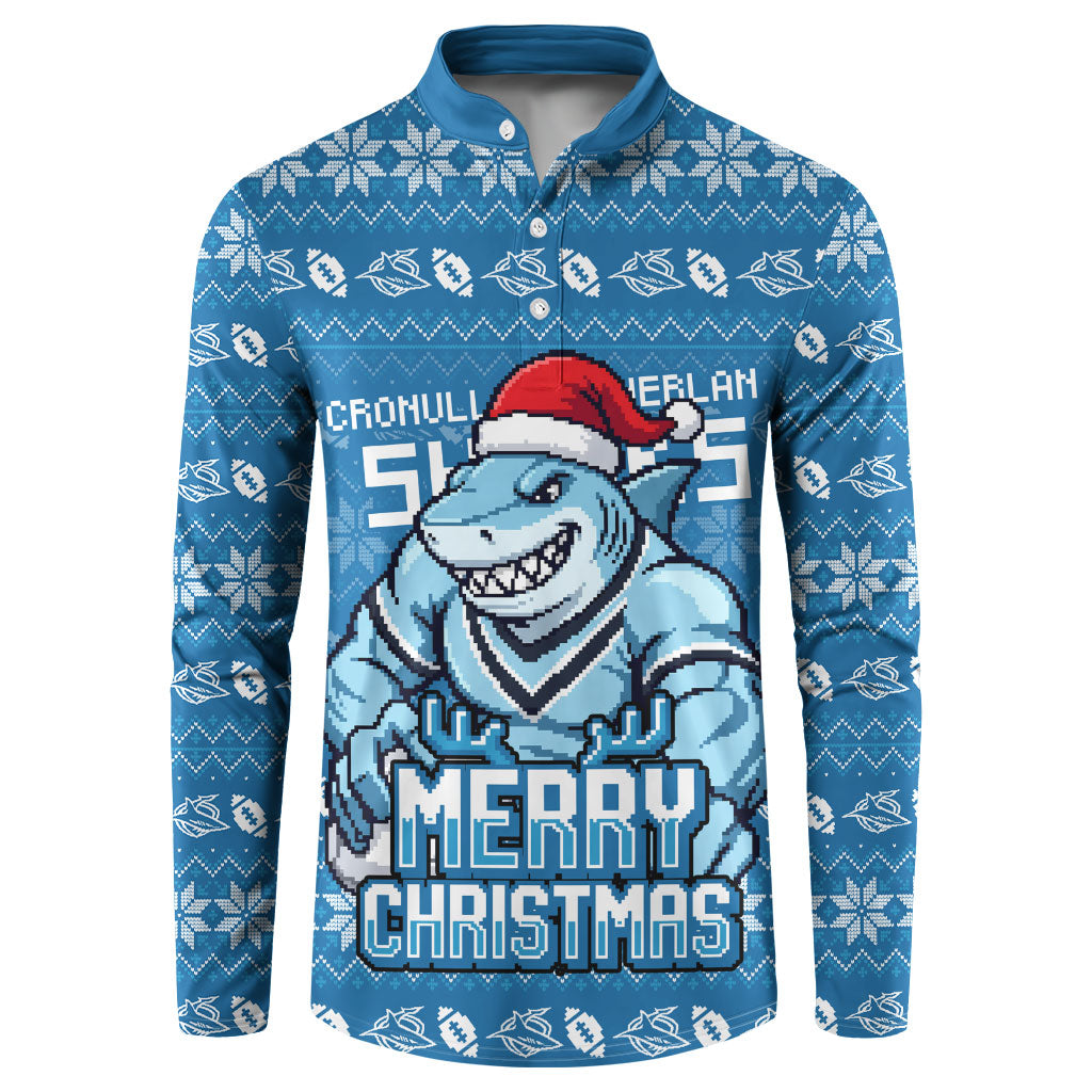 Personalized Cronulla Sharks Christmas Button Sweatshirt Australian Rugby Fans - Pixelated Ugly Xmas Pattern Mascot Santa