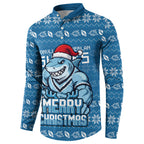 Personalized Cronulla Sharks Christmas Button Sweatshirt Australian Rugby Fans - Pixelated Ugly Xmas Pattern Mascot Santa