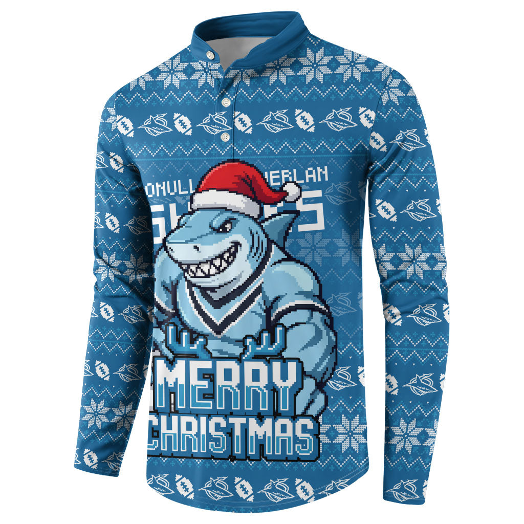 Personalized Cronulla Sharks Christmas Button Sweatshirt Australian Rugby Fans - Pixelated Ugly Xmas Pattern Mascot Santa