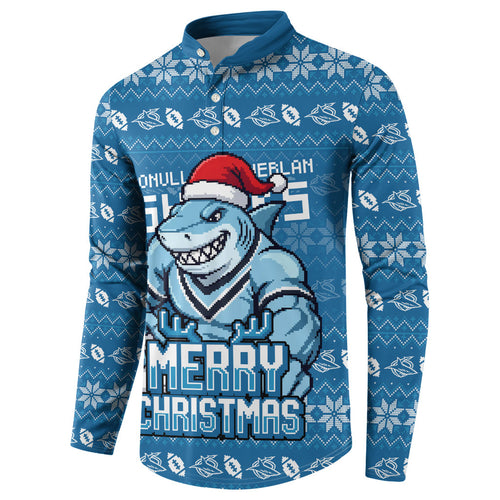 Personalized Cronulla Sharks Christmas Button Sweatshirt Australian Rugby Fans - Pixelated Ugly Xmas Pattern Mascot Santa