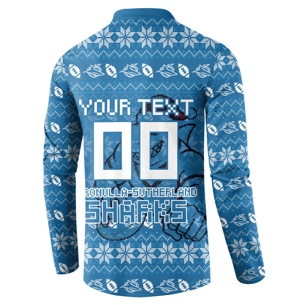 Personalized Cronulla Sharks Christmas Button Sweatshirt Australian Rugby Fans - Pixelated Ugly Xmas Pattern Mascot Santa