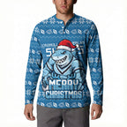 Personalized Cronulla Sharks Christmas Button Sweatshirt Australian Rugby Fans - Pixelated Ugly Xmas Pattern Mascot Santa