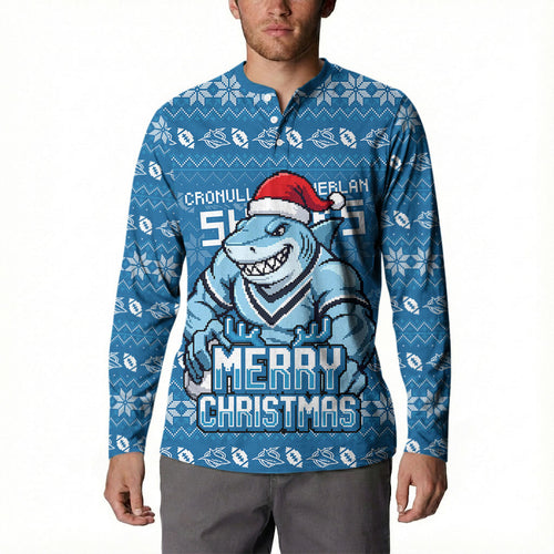 Personalized Cronulla Sharks Christmas Button Sweatshirt Australian Rugby Fans - Pixelated Ugly Xmas Pattern Mascot Santa