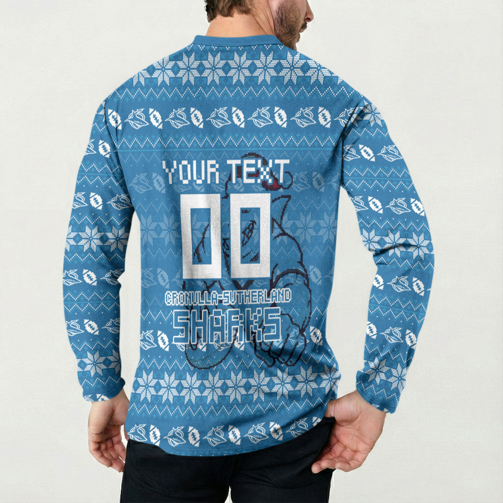 Personalized Cronulla Sharks Christmas Button Sweatshirt Australian Rugby Fans - Pixelated Ugly Xmas Pattern Mascot Santa