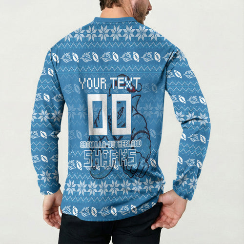 Personalized Cronulla Sharks Christmas Button Sweatshirt Australian Rugby Fans - Pixelated Ugly Xmas Pattern Mascot Santa
