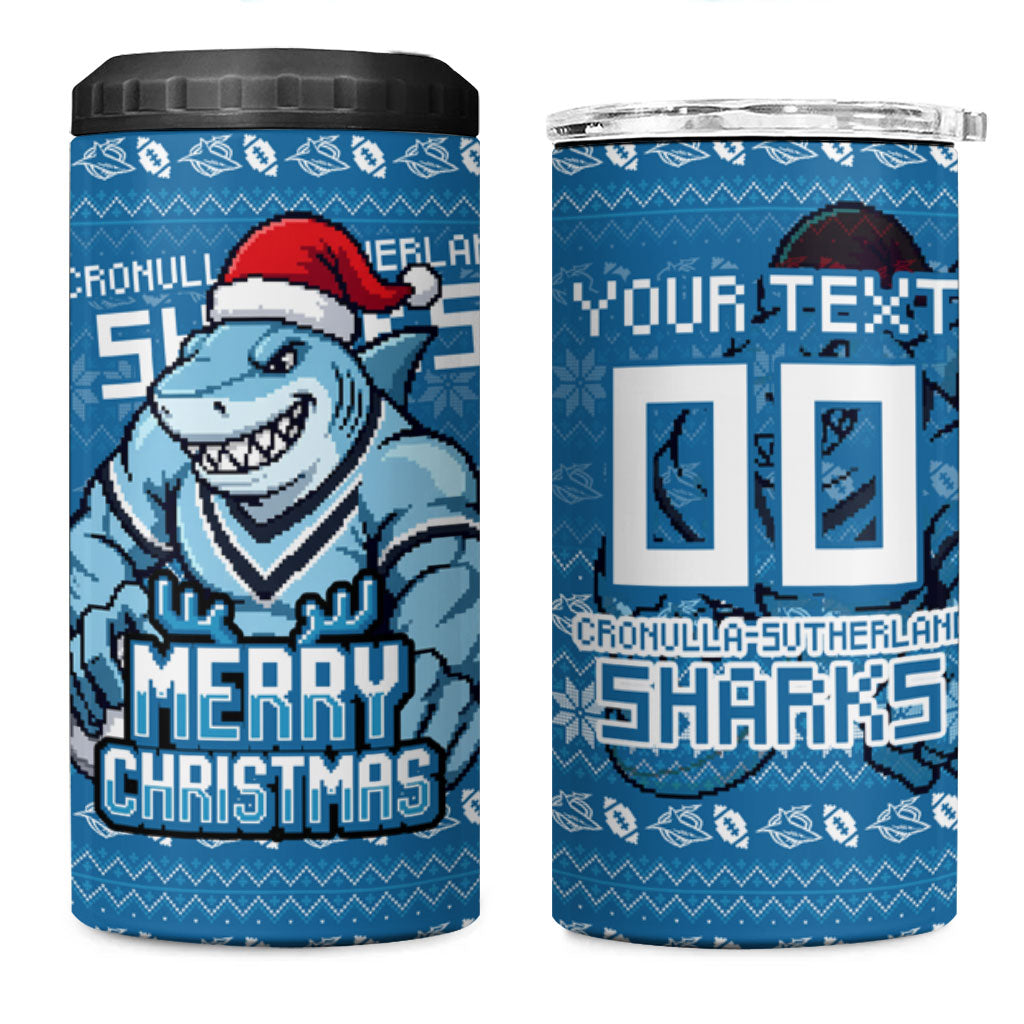 Personalized Cronulla Sharks Christmas 4 in 1 Can Cooler Tumbler Australian Rugby Fans - Pixelated Ugly Xmas Pattern Mascot Santa