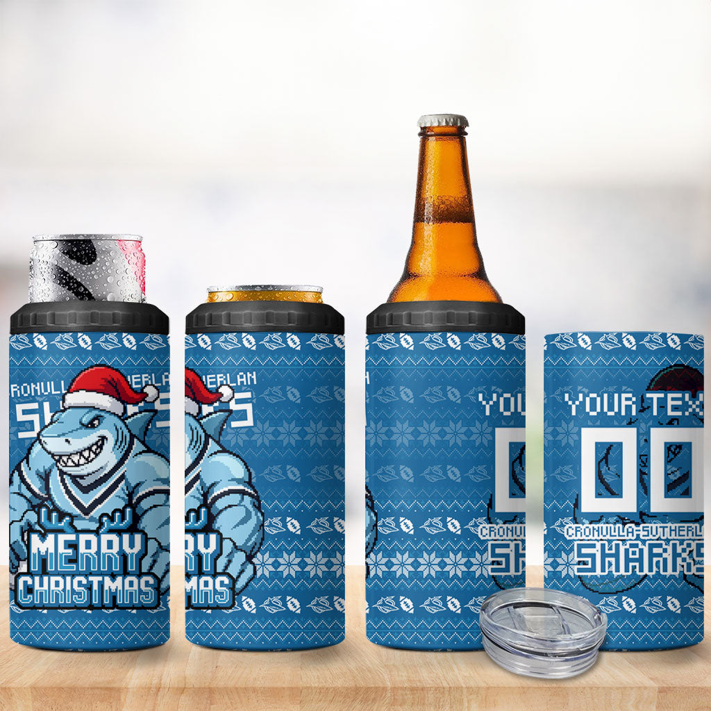 Personalized Cronulla Sharks Christmas 4 in 1 Can Cooler Tumbler Australian Rugby Fans - Pixelated Ugly Xmas Pattern Mascot Santa