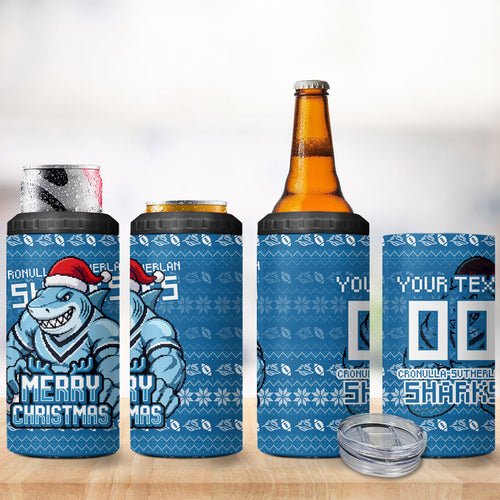 Personalized Cronulla Sharks Christmas 4 in 1 Can Cooler Tumbler Australian Rugby Fans - Pixelated Ugly Xmas Pattern Mascot Santa