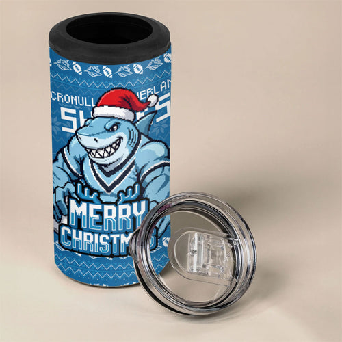 Personalized Cronulla Sharks Christmas 4 in 1 Can Cooler Tumbler Australian Rugby Fans - Pixelated Ugly Xmas Pattern Mascot Santa