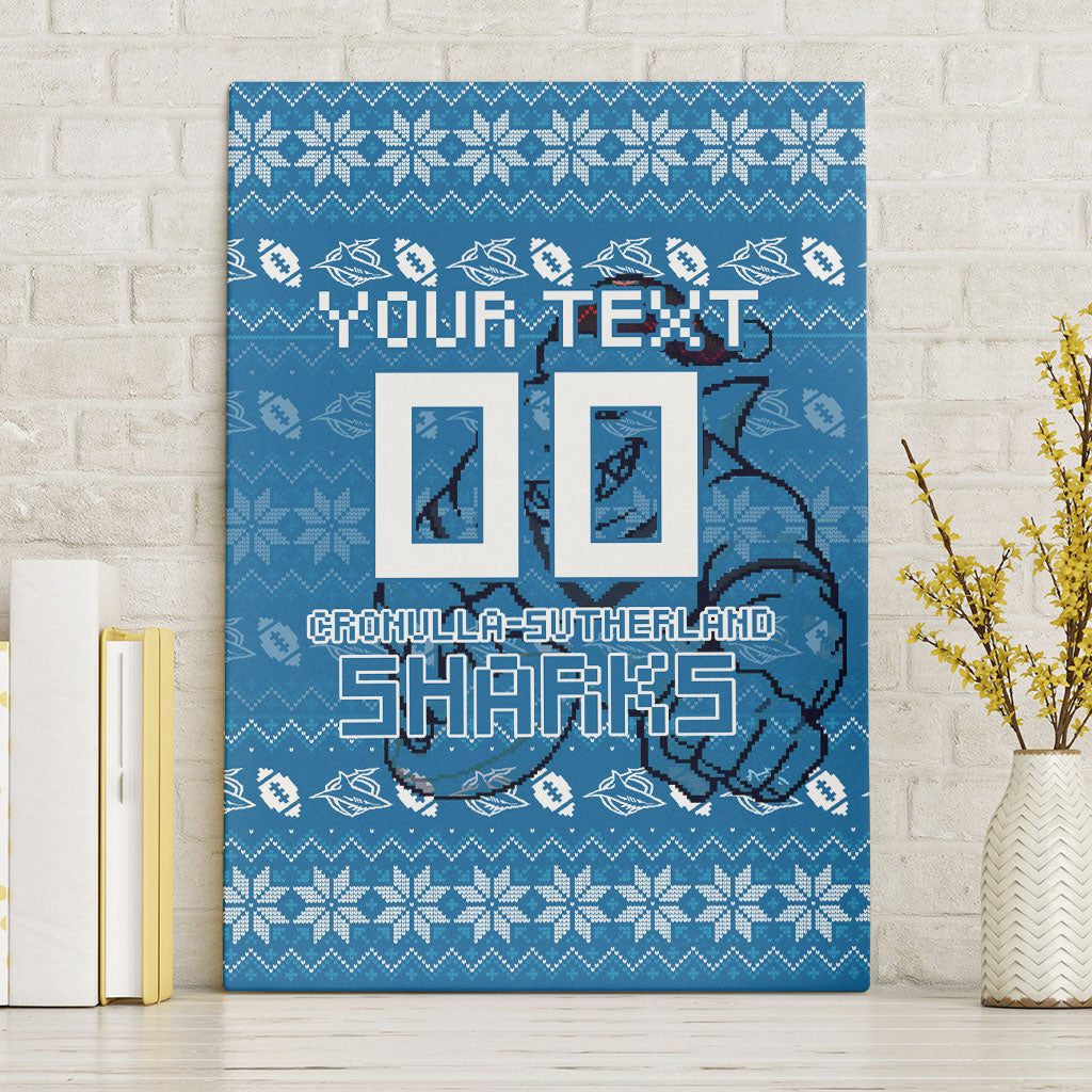 Personalized Cronulla Sharks Christmas Canvas Wall Art Australian Rugby Fans - Pixelated Ugly Xmas Pattern Mascot Santa
