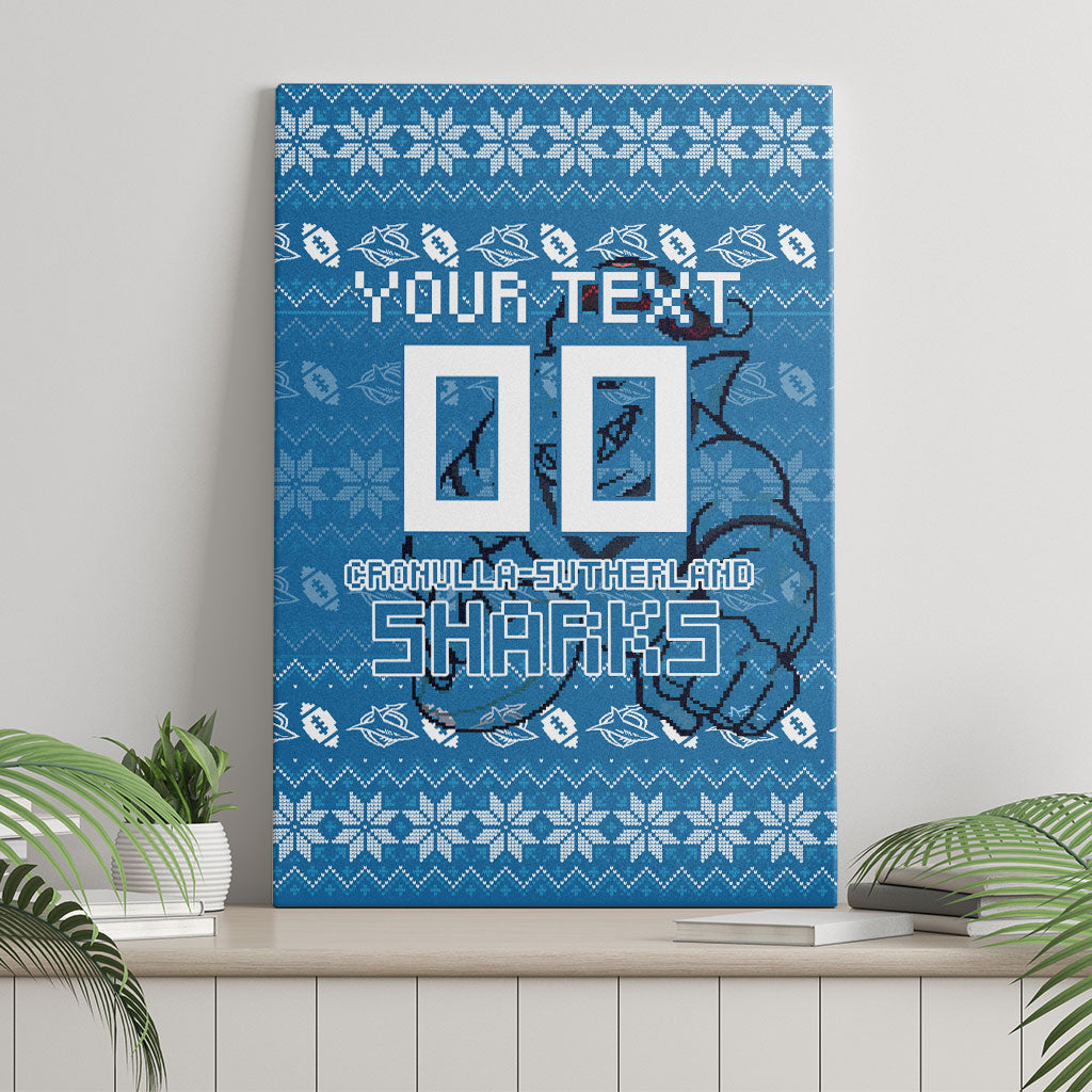 Personalized Cronulla Sharks Christmas Canvas Wall Art Australian Rugby Fans - Pixelated Ugly Xmas Pattern Mascot Santa
