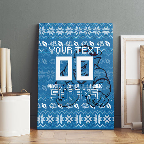 Personalized Cronulla Sharks Christmas Canvas Wall Art Australian Rugby Fans - Pixelated Ugly Xmas Pattern Mascot Santa