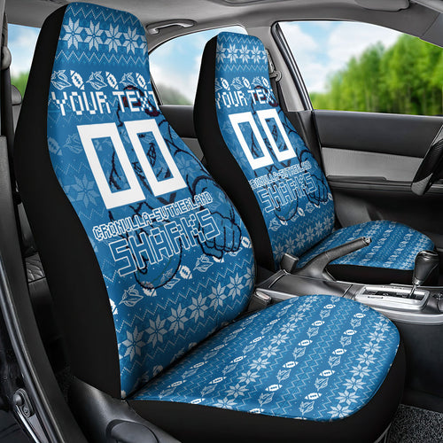 Personalized Cronulla Sharks Christmas Car Seat Cover Australian Rugby Fans - Pixelated Ugly Xmas Pattern Mascot Santa