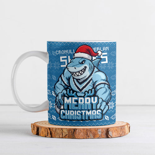 Personalized Cronulla Sharks Christmas Ceramic Mug Australian Rugby Fans - Pixelated Ugly Xmas Pattern Mascot Santa