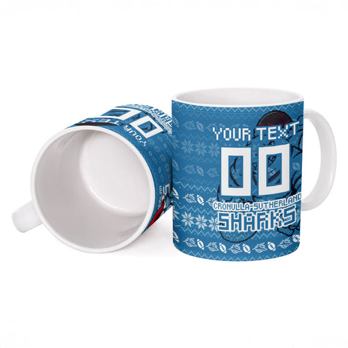 Personalized Cronulla Sharks Christmas Ceramic Mug Australian Rugby Fans - Pixelated Ugly Xmas Pattern Mascot Santa