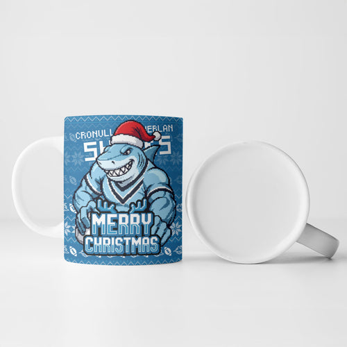 Personalized Cronulla Sharks Christmas Ceramic Mug Australian Rugby Fans - Pixelated Ugly Xmas Pattern Mascot Santa