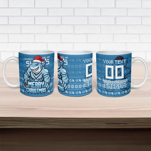 Personalized Cronulla Sharks Christmas Ceramic Mug Australian Rugby Fans - Pixelated Ugly Xmas Pattern Mascot Santa