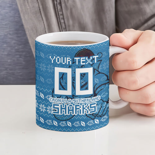 Personalized Cronulla Sharks Christmas Ceramic Mug Australian Rugby Fans - Pixelated Ugly Xmas Pattern Mascot Santa
