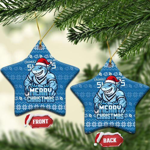 Cronulla Sharks Christmas Ceramic Ornament Australian Rugby Fans - Pixelated Ugly Xmas Pattern Mascot Santa