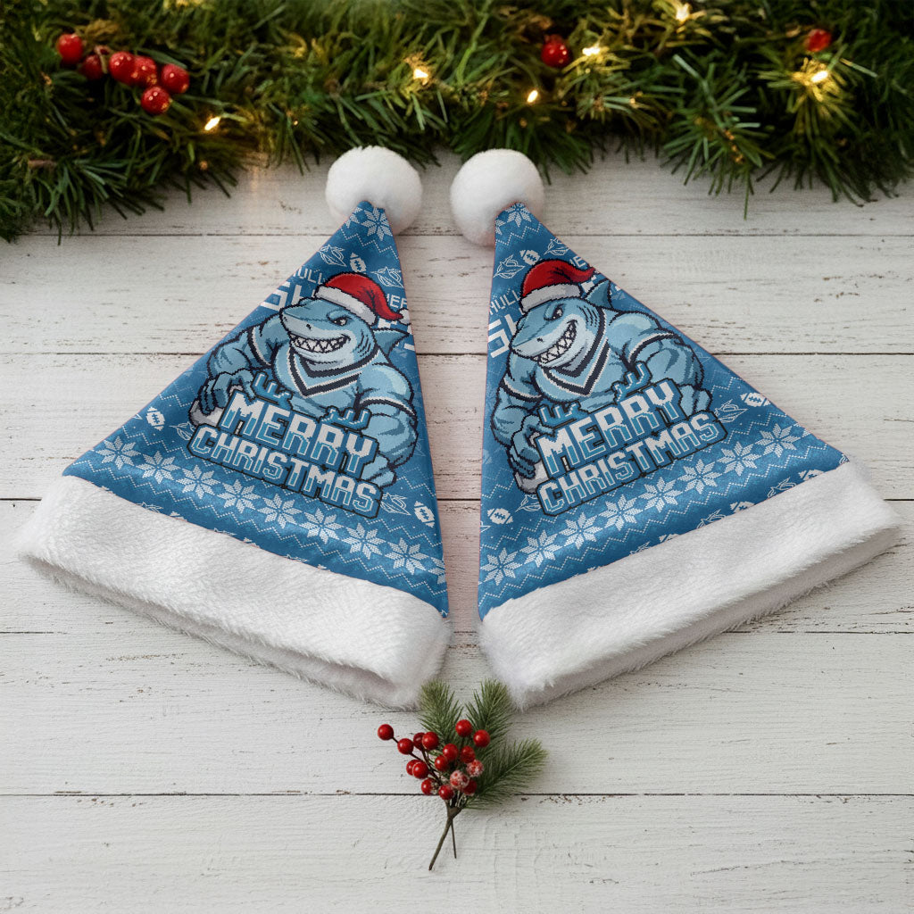 Cronulla Sharks Christmas Santa Hat Australian Rugby Fans - Pixelated Ugly Xmas Pattern Mascot Santa